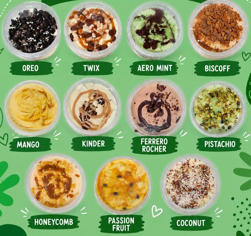 Eleven pots of Mammalicious ice cream: Oreo, Twix, Aero Mint, Biscoff, Mango, Kinder, Ferrero Rocher, Pistachio, Honeycomb, Passion Fruit and Coconut